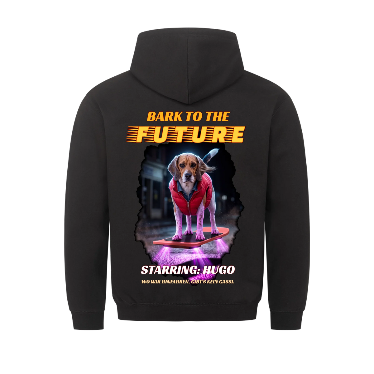 Schwarzer Hoodie mit dem Bark-to-the-Future-Druck auf dem Ruecken, Haustier und Name