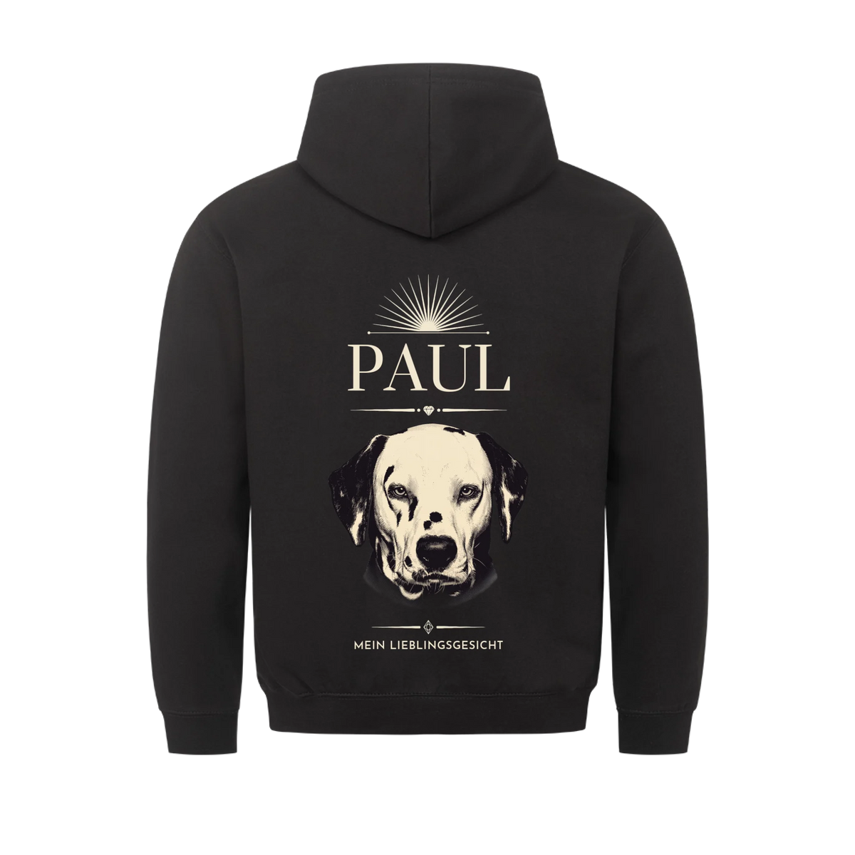 Porträt-Studie Hoodie schwarz Rückendruck – Halbton-Stich des Haustiers mit Name | Lil Snouts