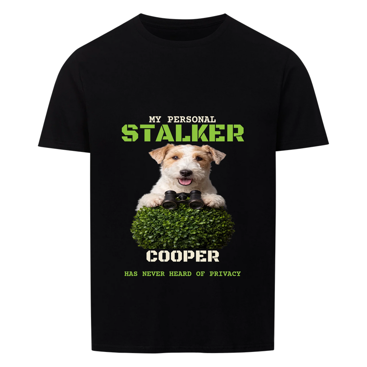 My Personal Stalker custom pet t-shirt black - your dog peeking over a hedge with binoculars, with name