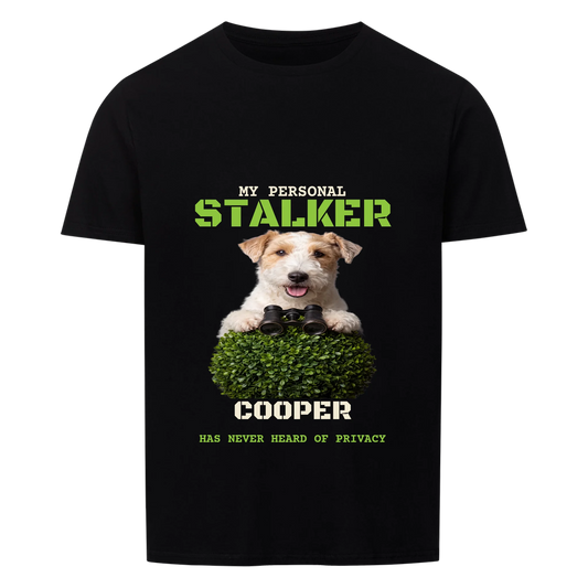 My Personal Stalker custom pet t-shirt black - your dog peeking over a hedge with binoculars, with name