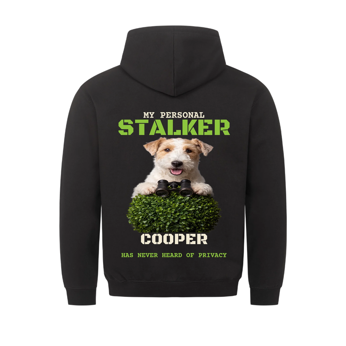 My Personal Stalker custom pet hoodie black, back print - your dog with binoculars and name