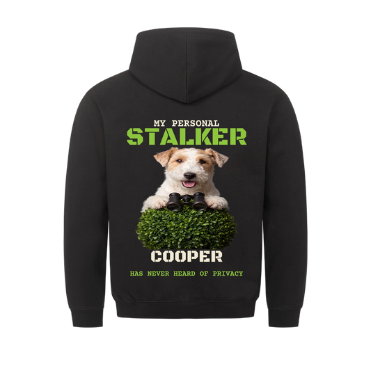 My Personal Stalker custom pet hoodie black, back print - your dog with binoculars and name