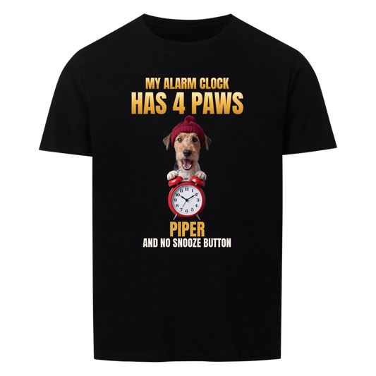 My Alarm Clock Has 4 Paws custom pet t-shirt black - your dog in a red beanie behind a red alarm clock, with name