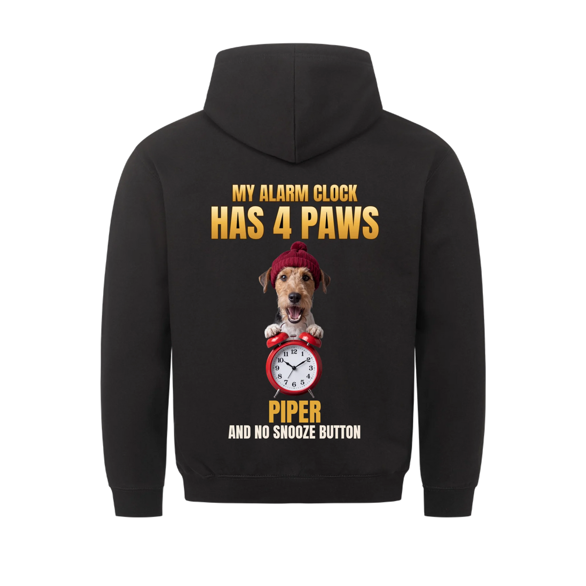 My Alarm Clock Has 4 Paws custom pet hoodie black, back print - your dog with beanie and red alarm clock, with name