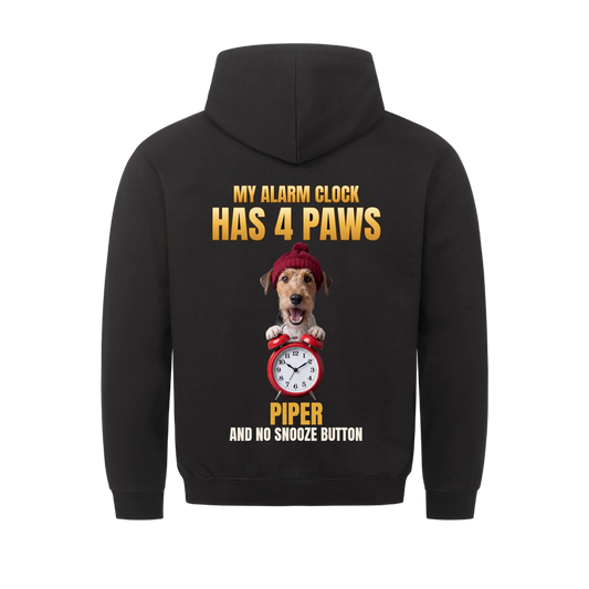 My Alarm Clock Has 4 Paws custom pet hoodie black, back print - your dog with beanie and red alarm clock, with name