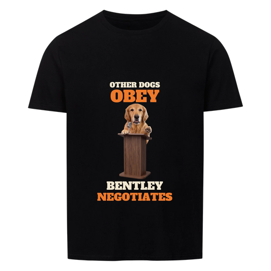 Other Dogs Obey custom pet t-shirt black - your dog at a wooden podium with microphone, paw raised, with name