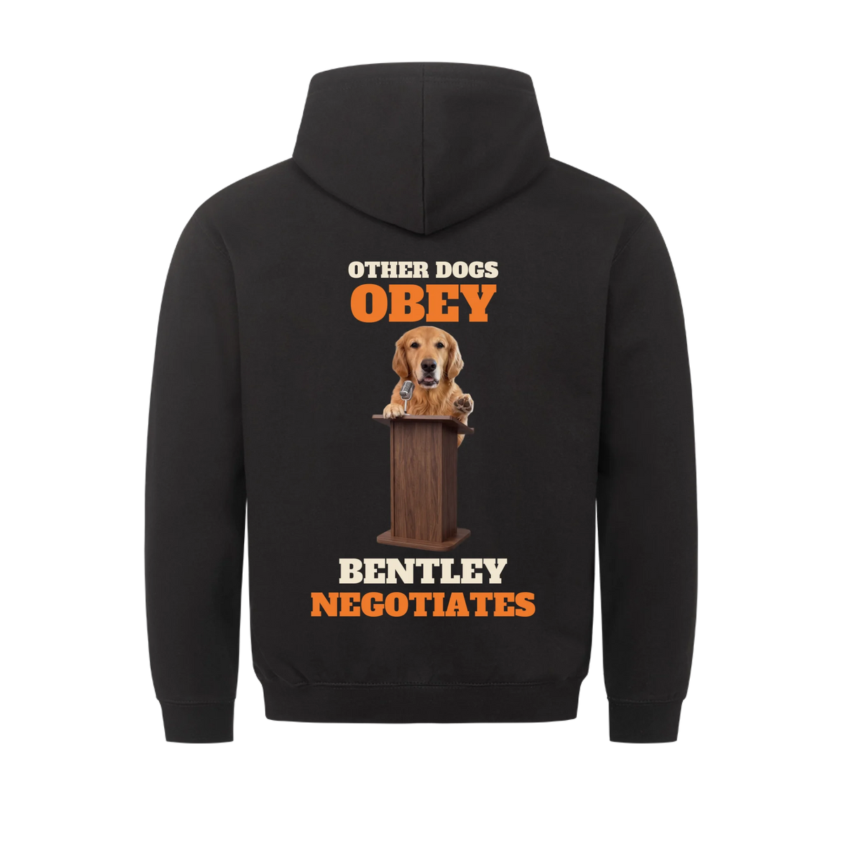 Other Dogs Obey custom pet hoodie black, back print - your dog at a wooden podium with microphone, with name