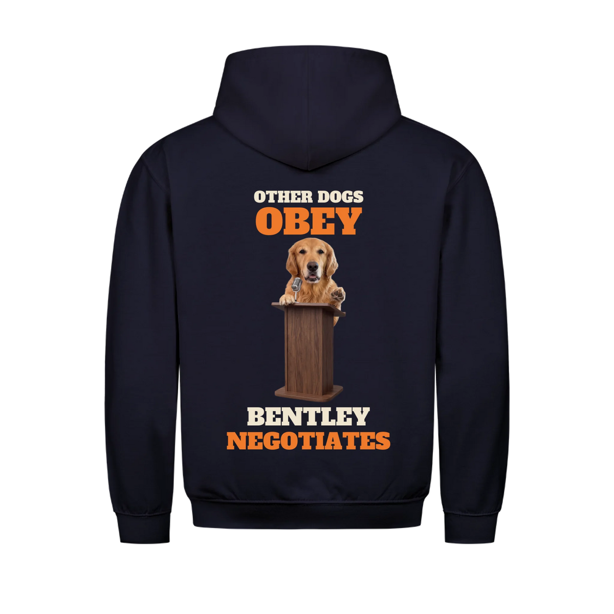 Other Dogs Obey custom pet hoodie navy, back print - your dog at a wooden podium with microphone, with name