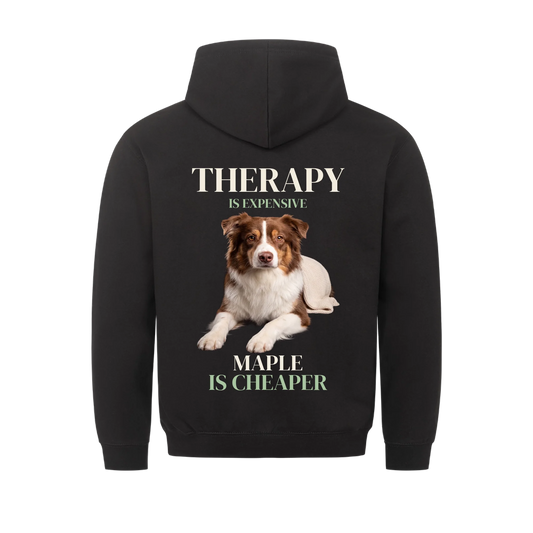 Therapy Is Expensive custom pet hoodie black, back print - your dog lying with a cream knitted blanket and your pet's name