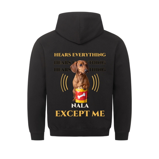 Hears Everything Except Me custom pet hoodie black, back print - your dog at a red treat pouch with sound waves and name