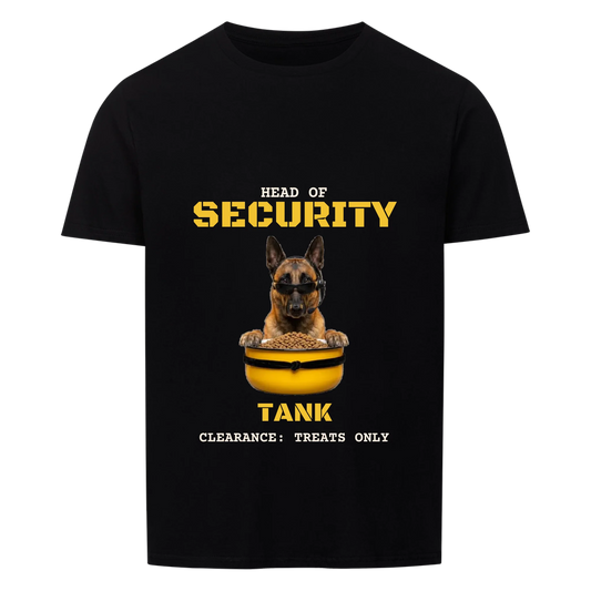 Head of Security custom pet t-shirt black - your dog with sunglasses and security headset, paws on a yellow food bowl, with name