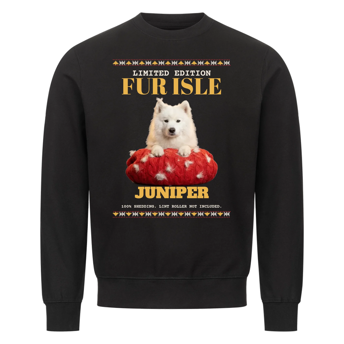 Fur Isle custom pet sweatshirt black - your dog behind a red cable-knit sweater covered in its own shed fur, Fair Isle border, with name