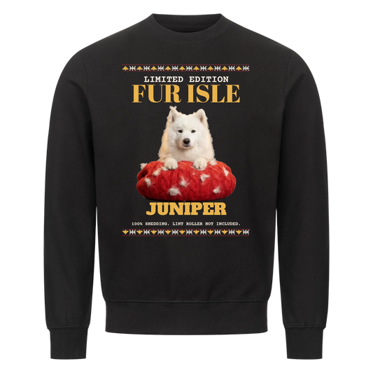Fur Isle custom pet sweatshirt black - your dog behind a red cable-knit sweater covered in its own shed fur, Fair Isle border, with name