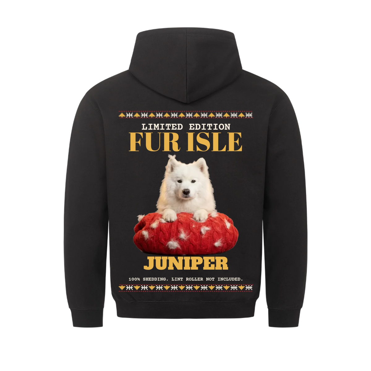 Fur Isle custom pet hoodie black, back print - your dog behind a fur-covered red knit sweater, Fair Isle border, with name