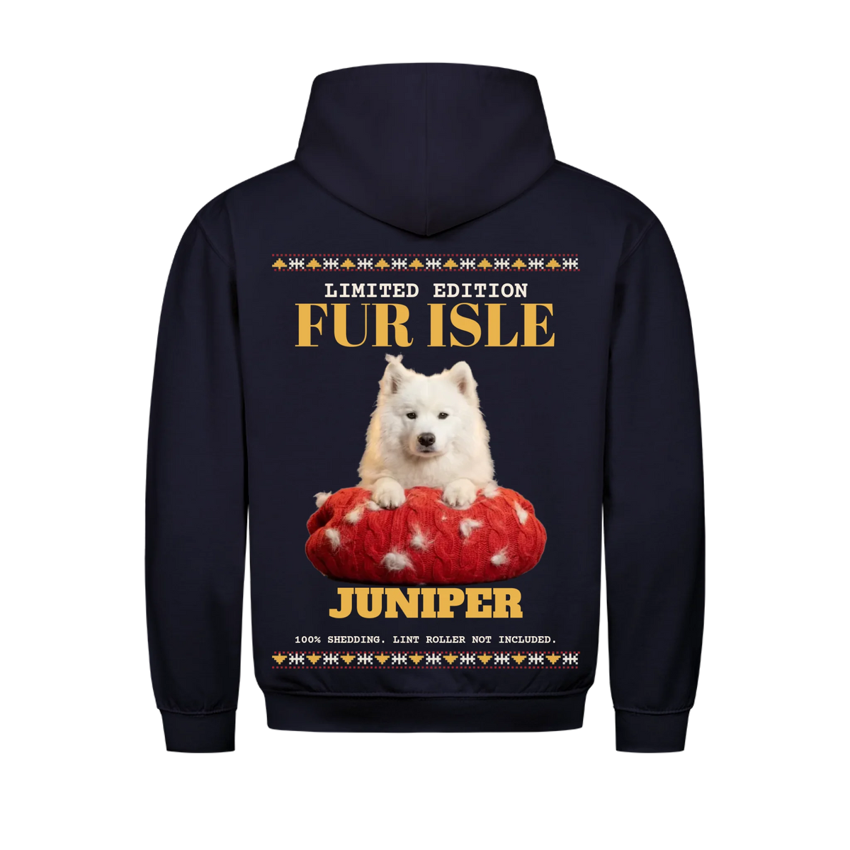 Fur Isle custom pet hoodie navy, back print - your dog behind a fur-covered red knit sweater, Fair Isle border, with name