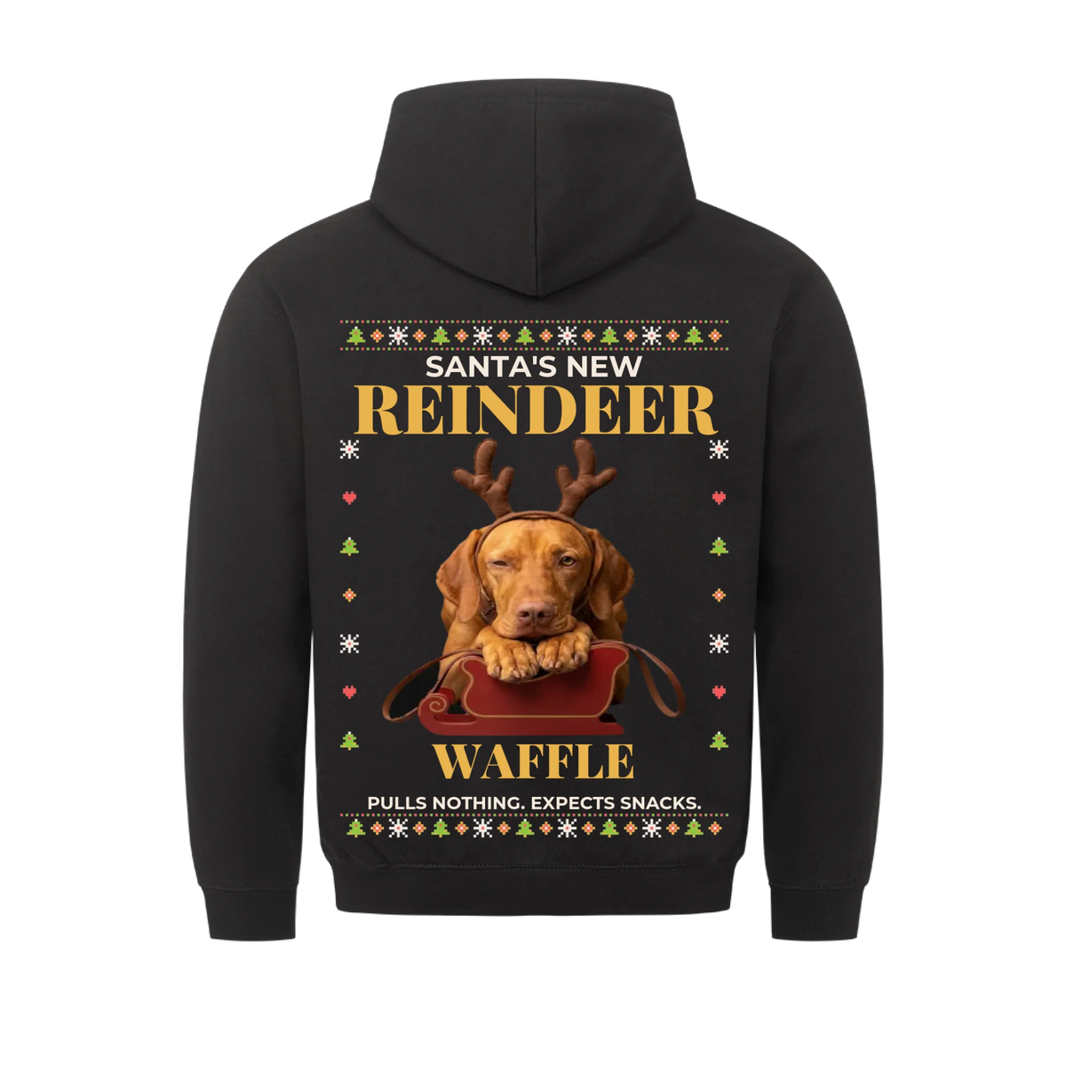 Santa's New Reindeer custom pet hoodie black, back print - your dog with felt antlers and slack reins behind a red sleigh, ugly sweater border, with name