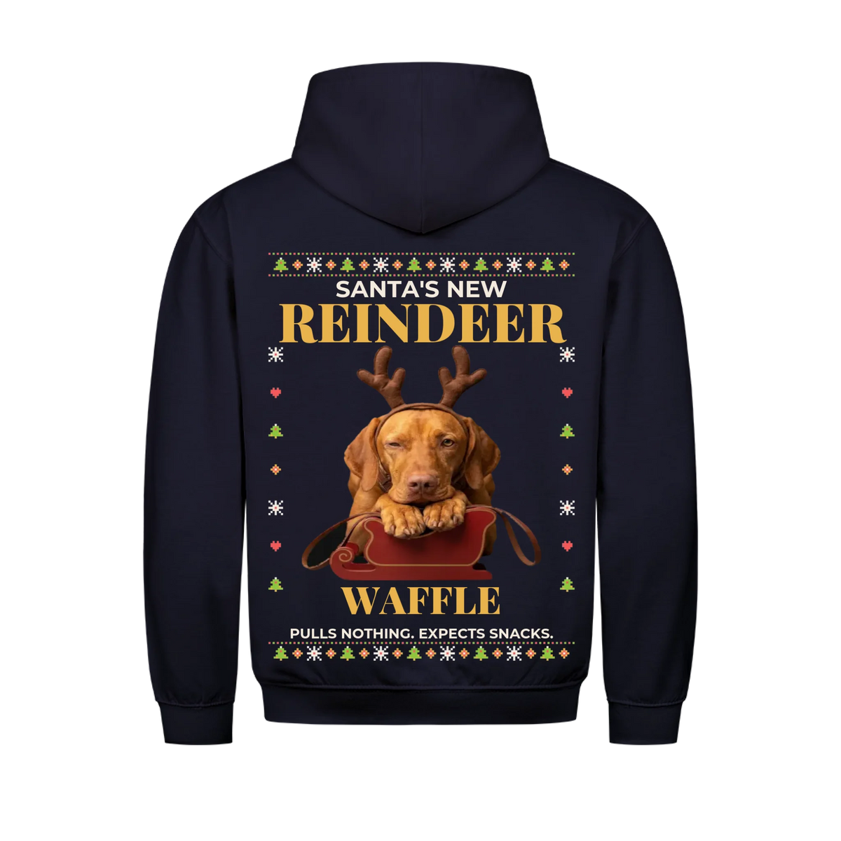 Santa's New Reindeer custom pet hoodie New French Navy, back print - your dog with felt antlers and slack reins behind a red sleigh, ugly sweater border, with name