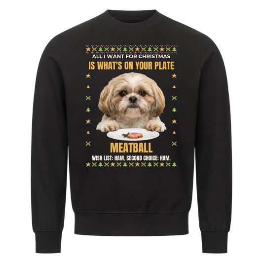 All I Want Is Your Plate custom pet sweatshirt black - your dog peeking over a white dinner plate with ham and holly, paws on the rim, knit Christmas border, with name