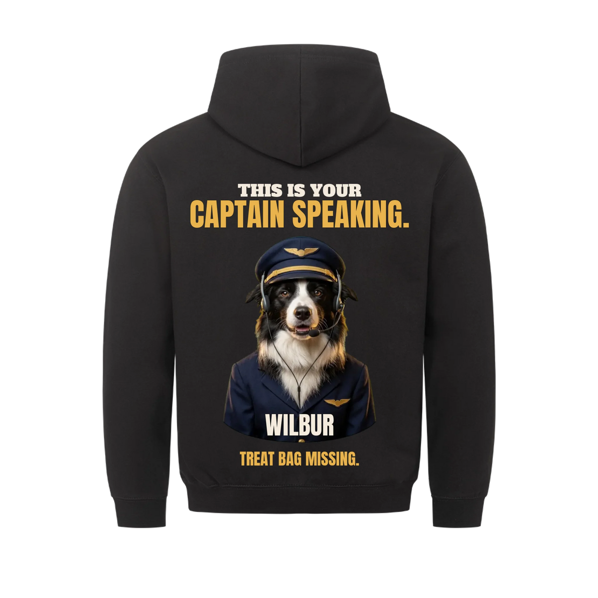 This Is Your Captain Speaking custom pet hoodie black, back print - your dog as a pilot in cap, headset and navy uniform, with name