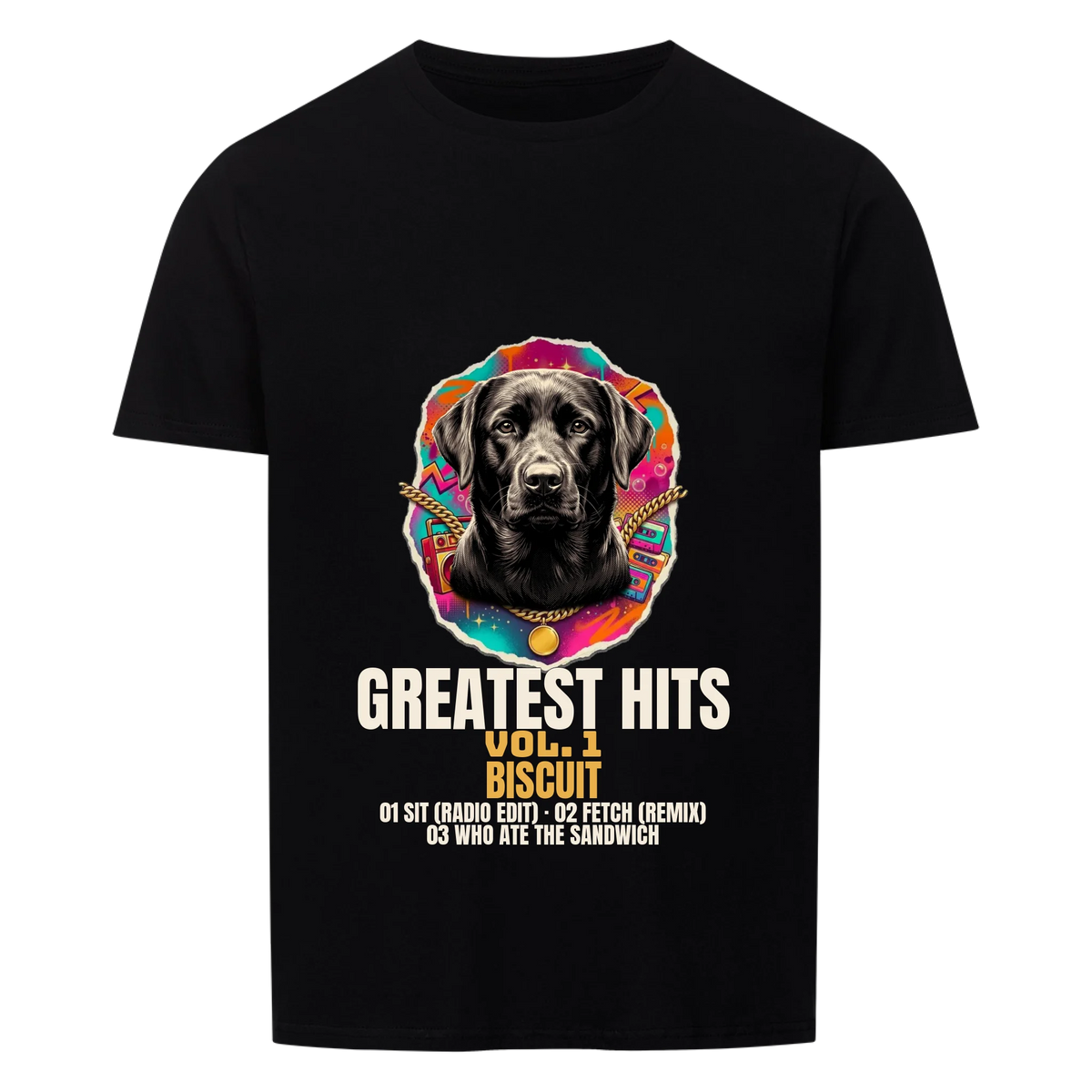 Greatest Hits Vol. 1 custom pet t-shirt black - your pet as a gold-chain album emblem with name and tracklist