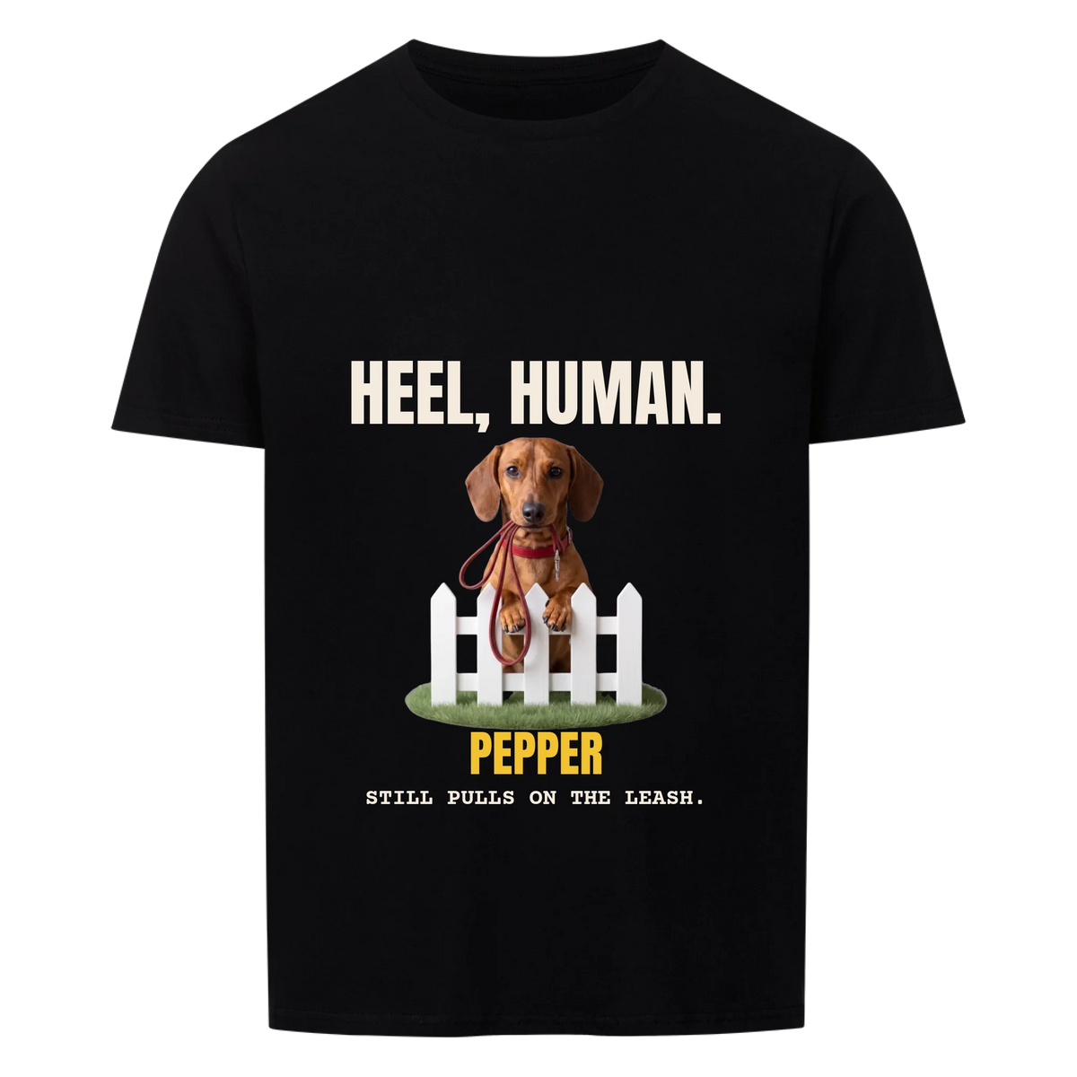 Heel, Human custom pet t-shirt black - your dog behind a white picket fence holding a red leash in its mouth, with name