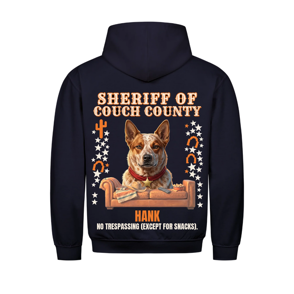 Sheriff of Couch County custom pet hoodie navy, back print - your dog with sheriff star behind a leather couch with cowboy hat, with name