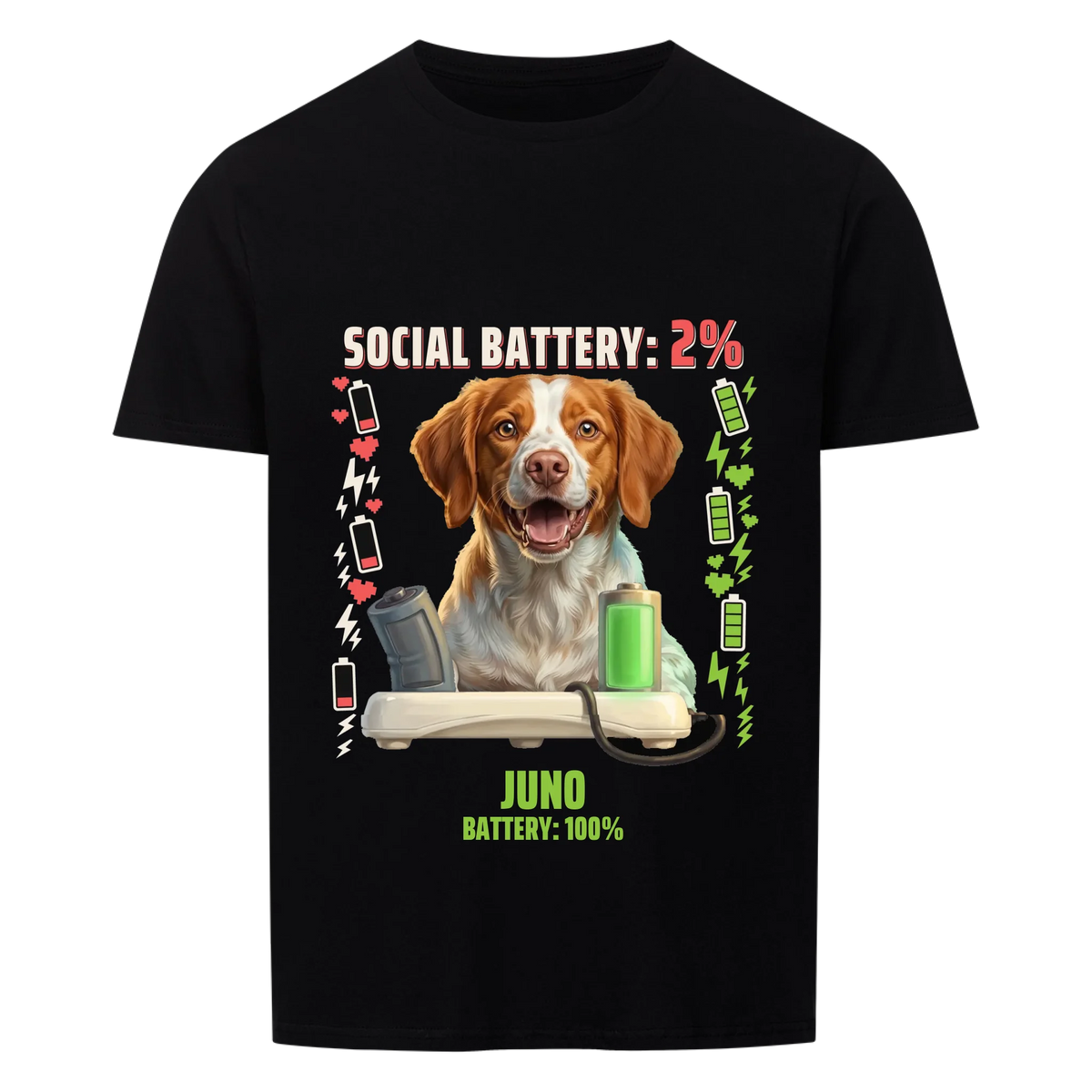 Social Battery 2% custom pet t-shirt black - your dog grinning behind a charging dock with an empty and a full battery, battery icons on the sides, with name