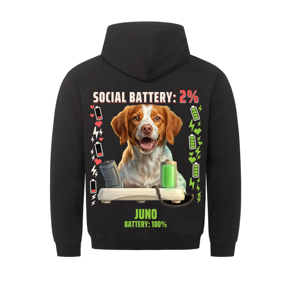 Social Battery 2% custom pet hoodie black, back print - your dog behind a charging dock with an empty and a full battery, with name and battery 100%