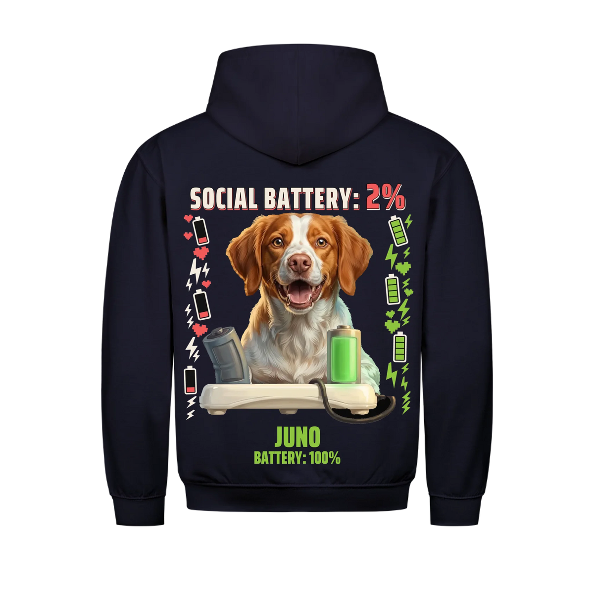 Social Battery 2% custom pet hoodie navy, back print - your dog behind a charging dock with an empty and a full battery, with name and battery 100%