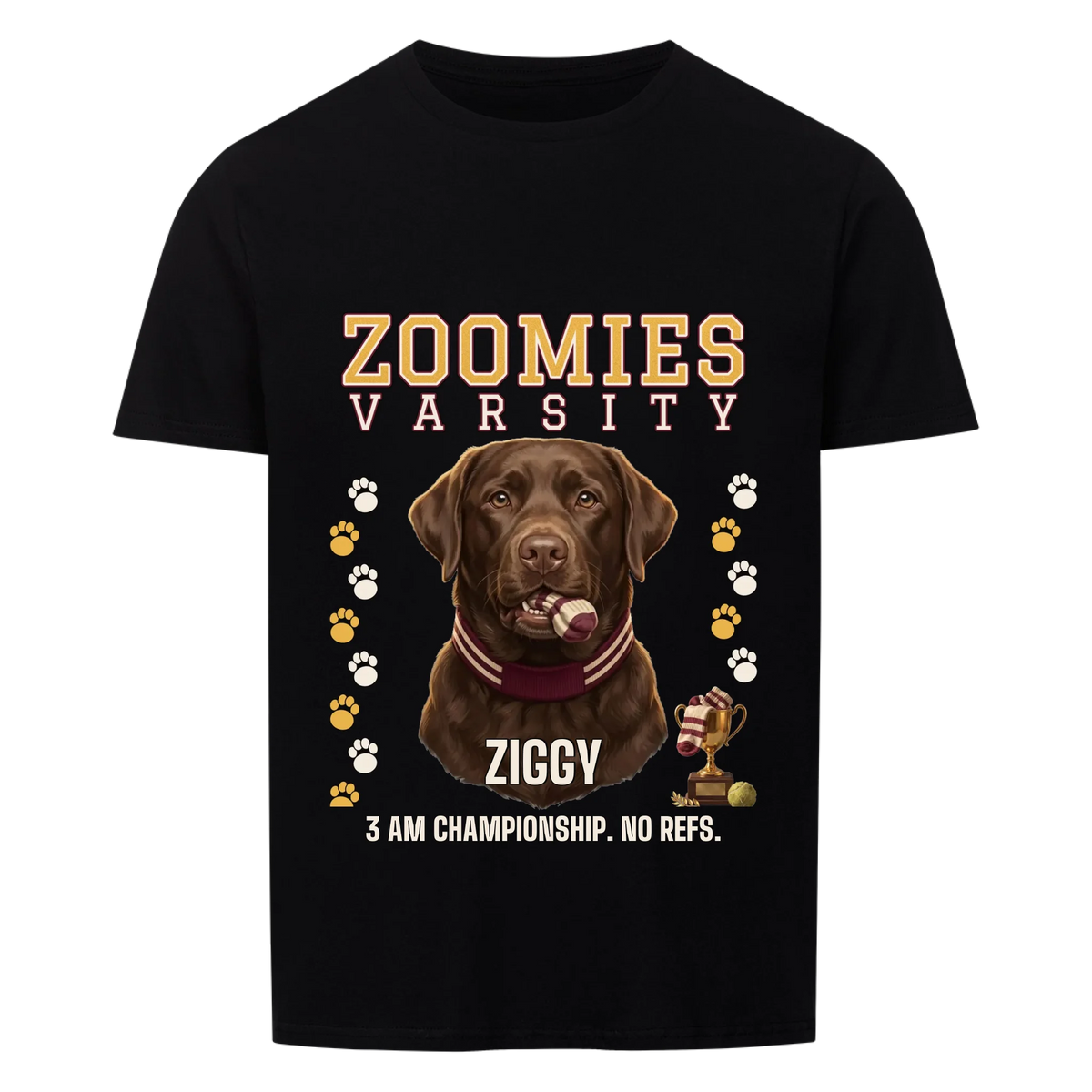 Zoomies Varsity custom pet t-shirt black - your dog in a striped varsity scarf with a sock in its mouth next to a small gold trophy, with name