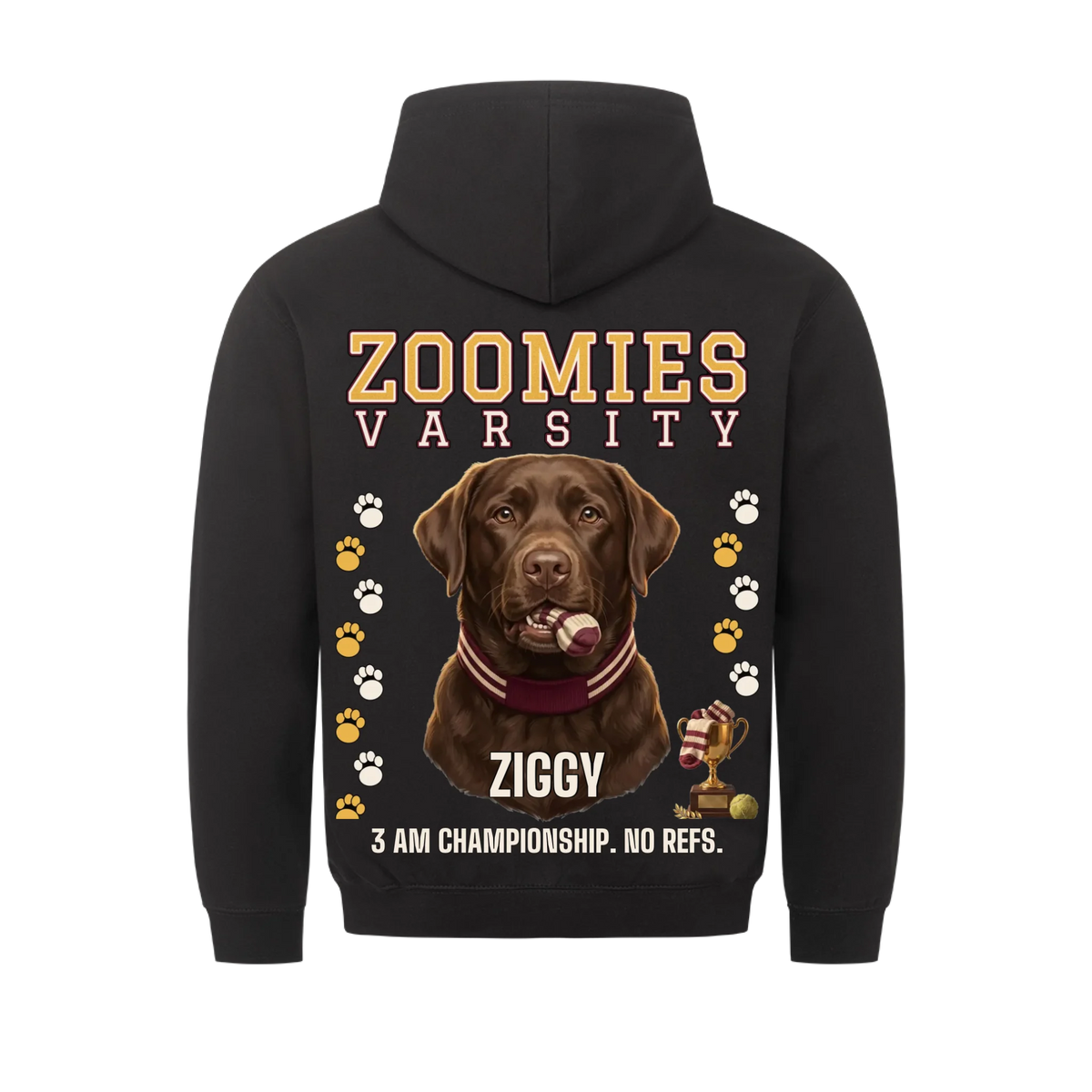 Zoomies Varsity custom pet hoodie black, back print - your dog in a varsity scarf with a sock in its mouth and a gold trophy, with name