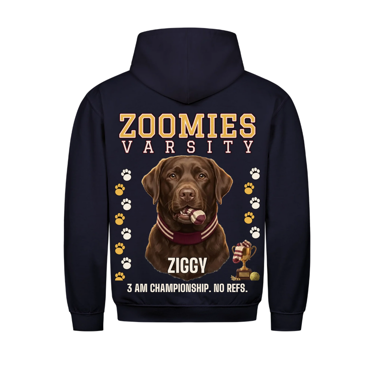 Zoomies Varsity custom pet hoodie navy, back print - your dog in a varsity scarf with a sock in its mouth and a gold trophy, with name