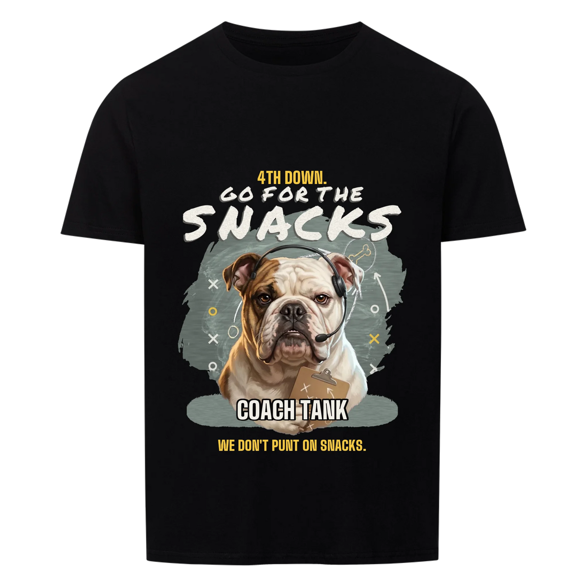 4th Down Go for the Snacks custom pet t-shirt black - your dog as a football coach with headset and clipboard in front of a chalkboard play, with Coach name