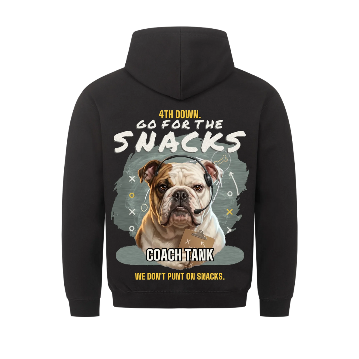 4th Down Go for the Snacks custom pet hoodie black, back print - your dog as a coach with headset and clipboard, chalkboard X and O play, with Coach name