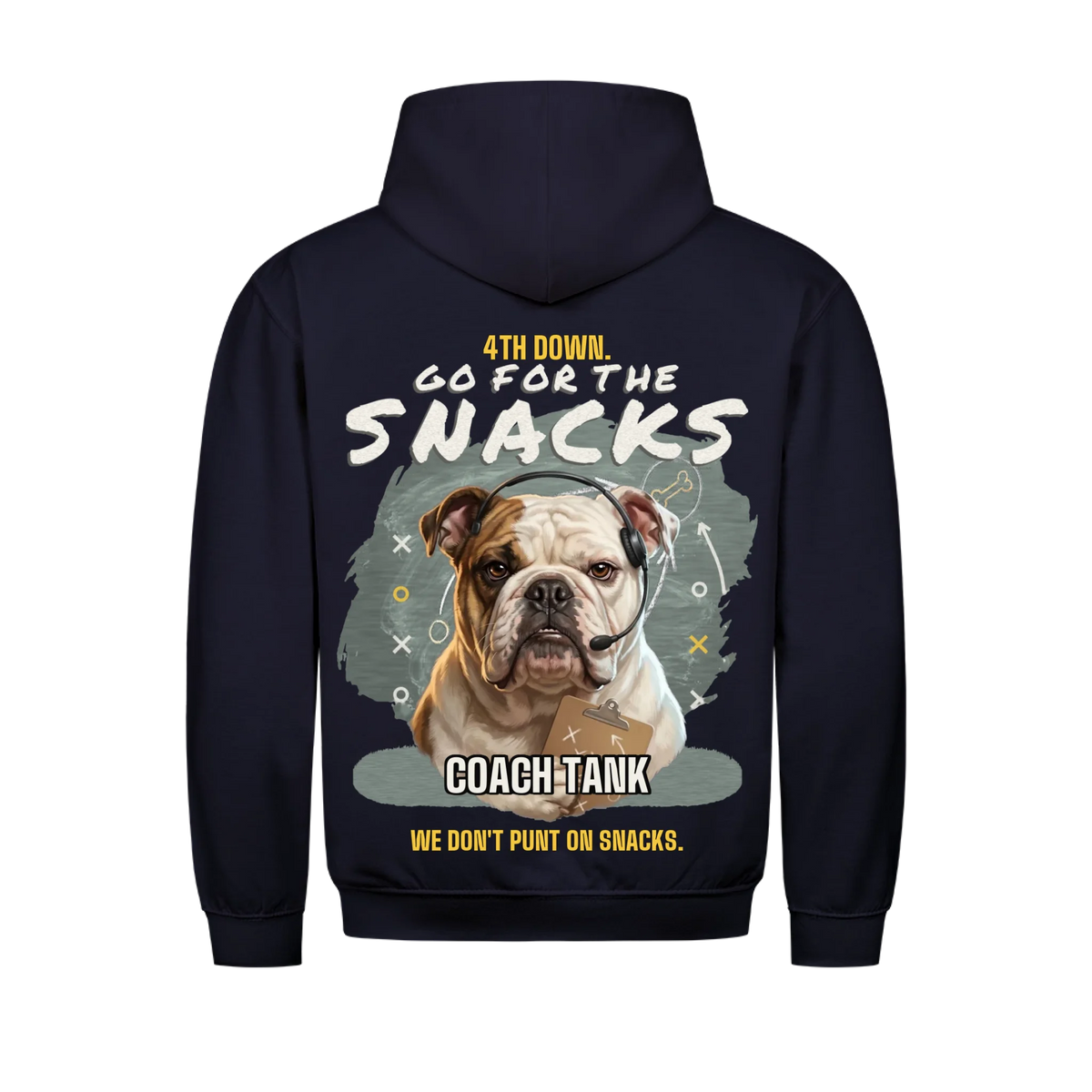 4th Down Go for the Snacks custom pet hoodie navy, back print - your dog as a coach with headset and clipboard, chalkboard X and O play, with Coach name