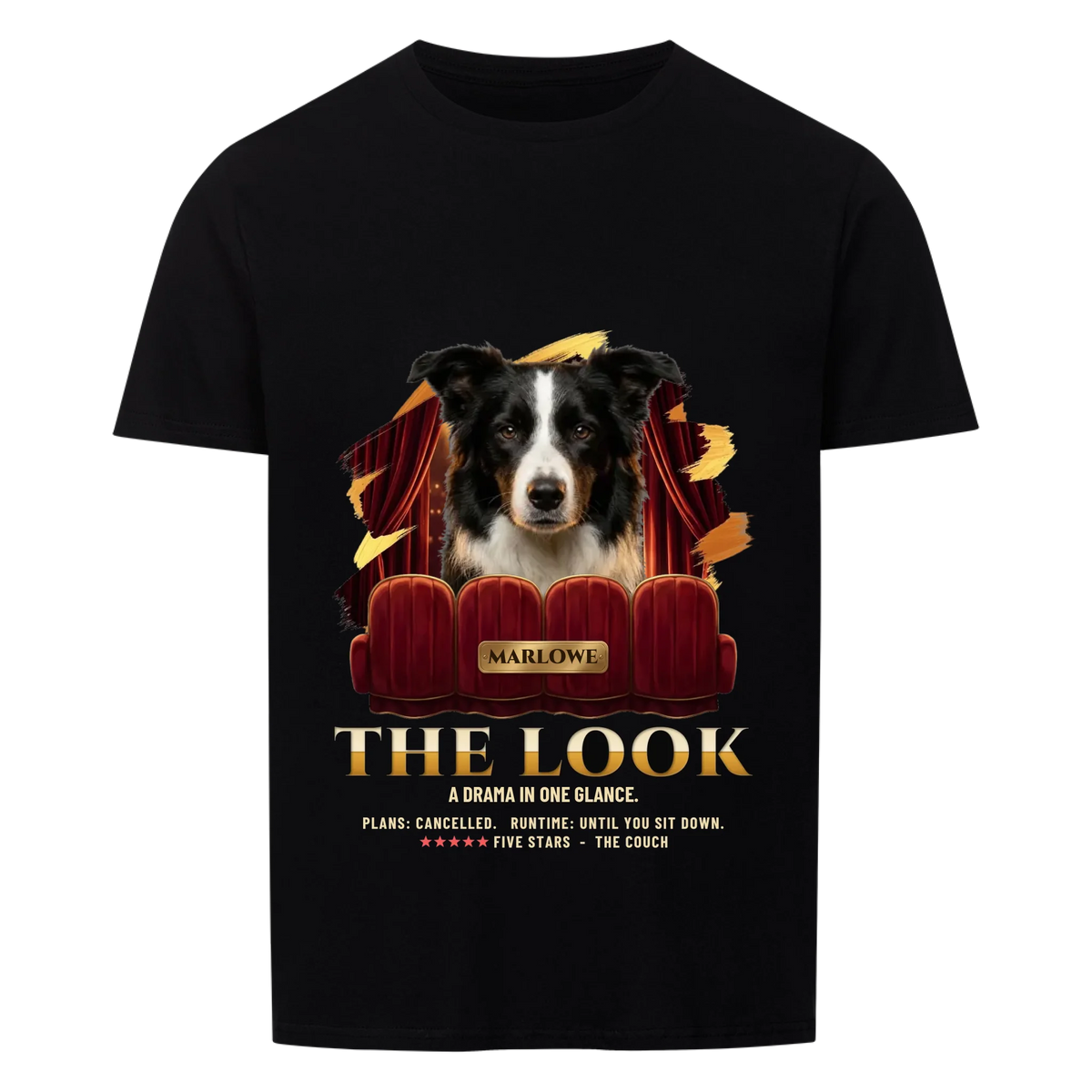 The Look custom pet t-shirt black - your dog peeking over red velvet movie theater seats in front of a red curtain, gold movie-poster title, name on a brass plate