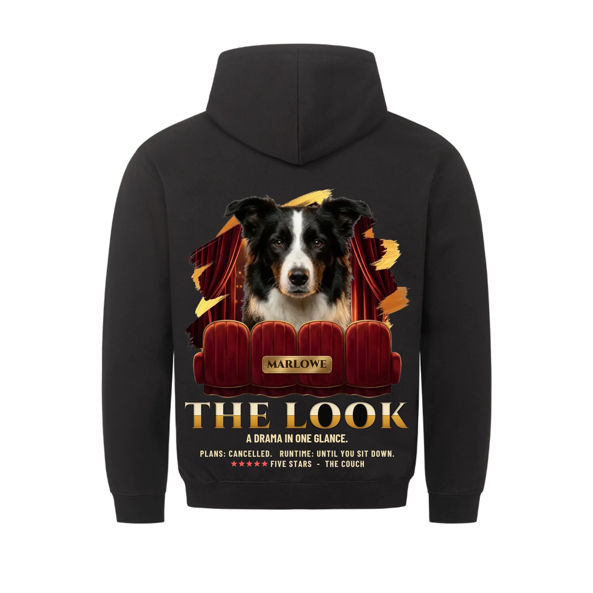 The Look custom pet hoodie black, back print - your dog peeking over red velvet movie theater seats in front of a red curtain, gold movie-poster title, name on a brass plate