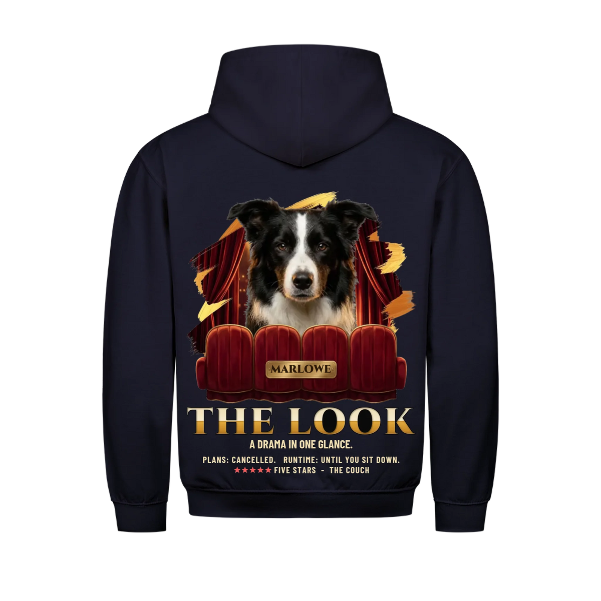 The Look custom pet hoodie navy, back print - your dog peeking over red velvet movie theater seats in front of a red curtain, gold movie-poster title, name on a brass plate