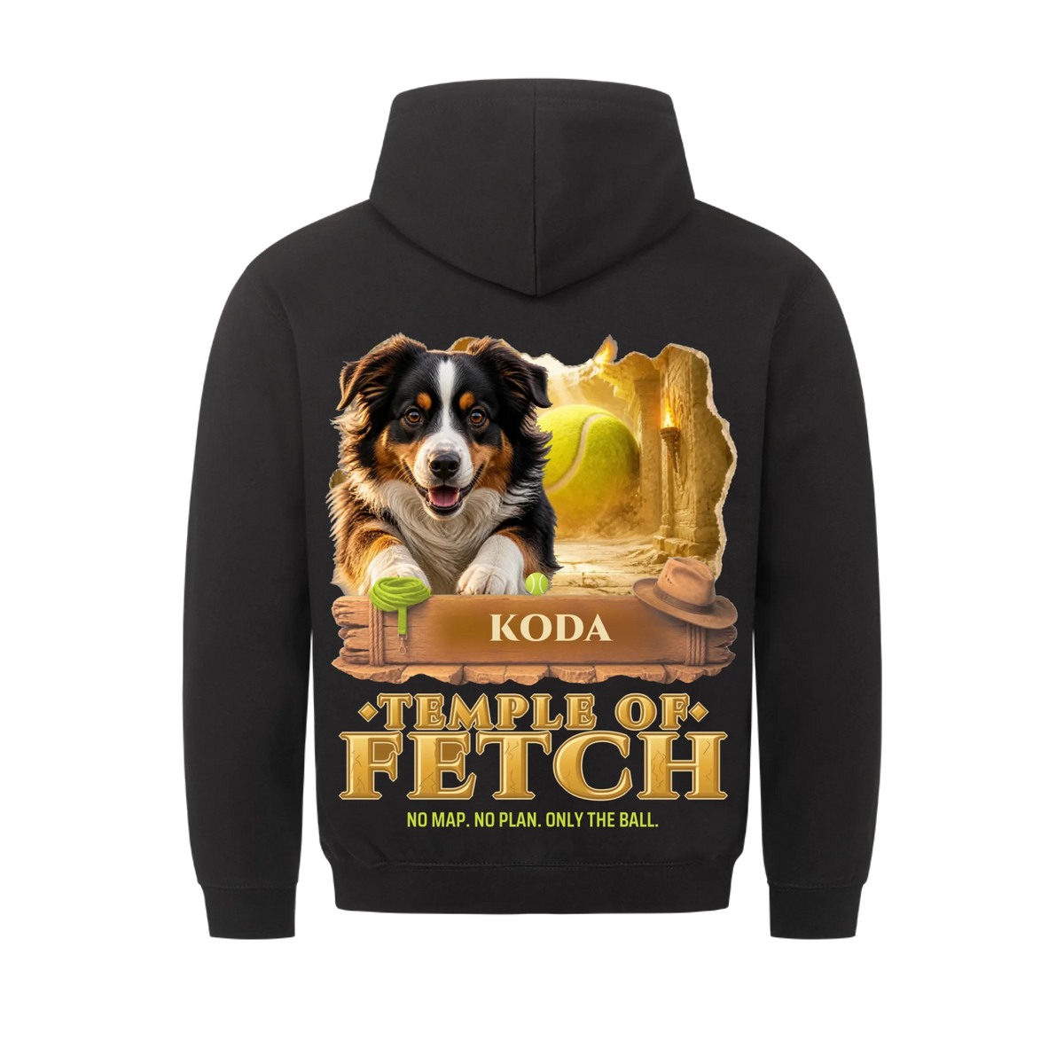 Temple of Fetch custom pet t-shirt or hoodie - your dog in a golden temple corridor with a giant tennis ball, with name