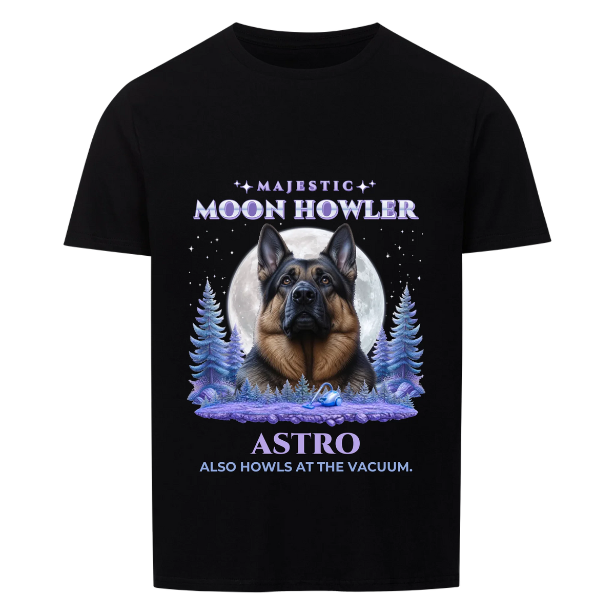 Majestic Moon Howler custom pet t-shirt or hoodie - your dog in front of a full moon with pine trees and stars, with name