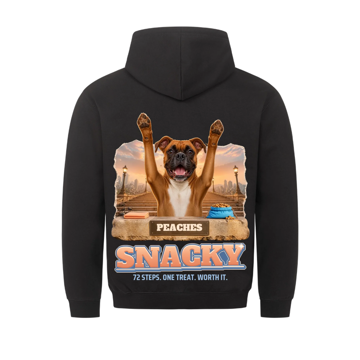 Snacky custom pet t-shirt or hoodie - your dog with raised paws at the top of a city staircase at sunrise, with name