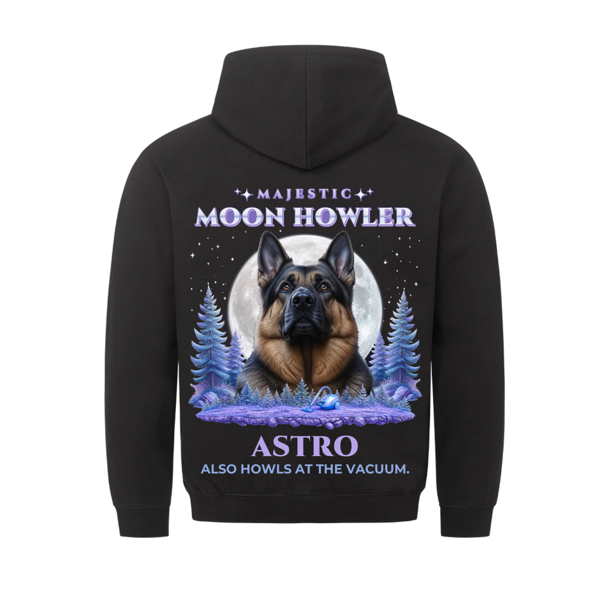 Majestic Moon Howler custom pet t-shirt or hoodie - your dog in front of a full moon with pine trees and stars, with name