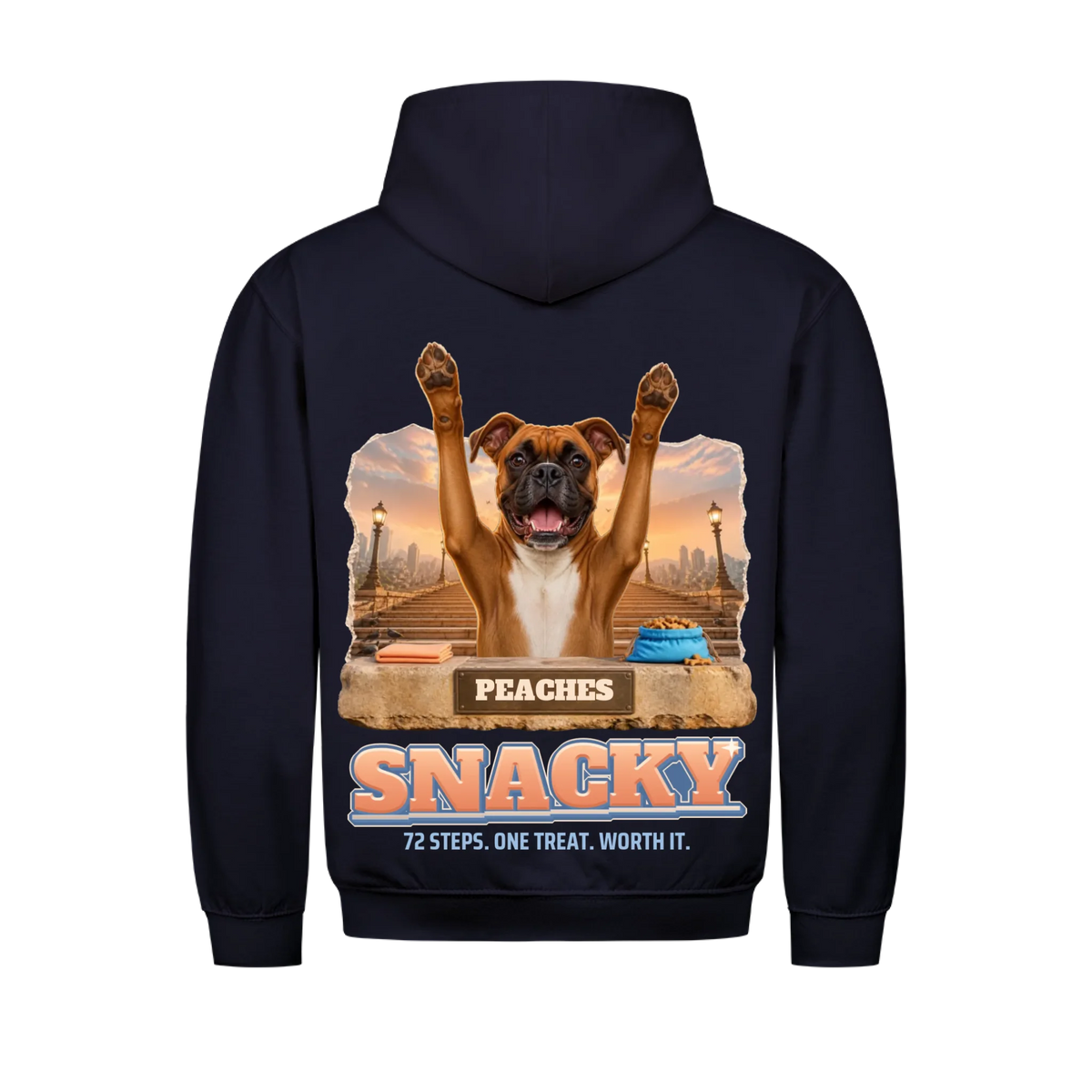 Snacky custom pet t-shirt or hoodie - your dog with raised paws at the top of a city staircase at sunrise, with name