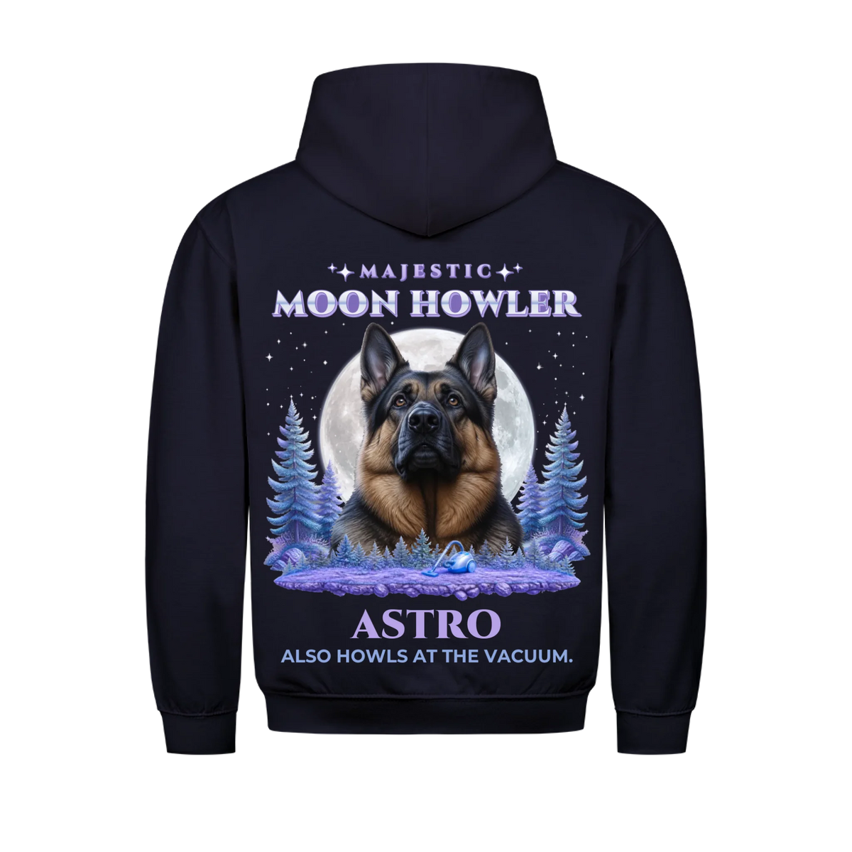 Majestic Moon Howler custom pet t-shirt or hoodie - your dog in front of a full moon with pine trees and stars, with name