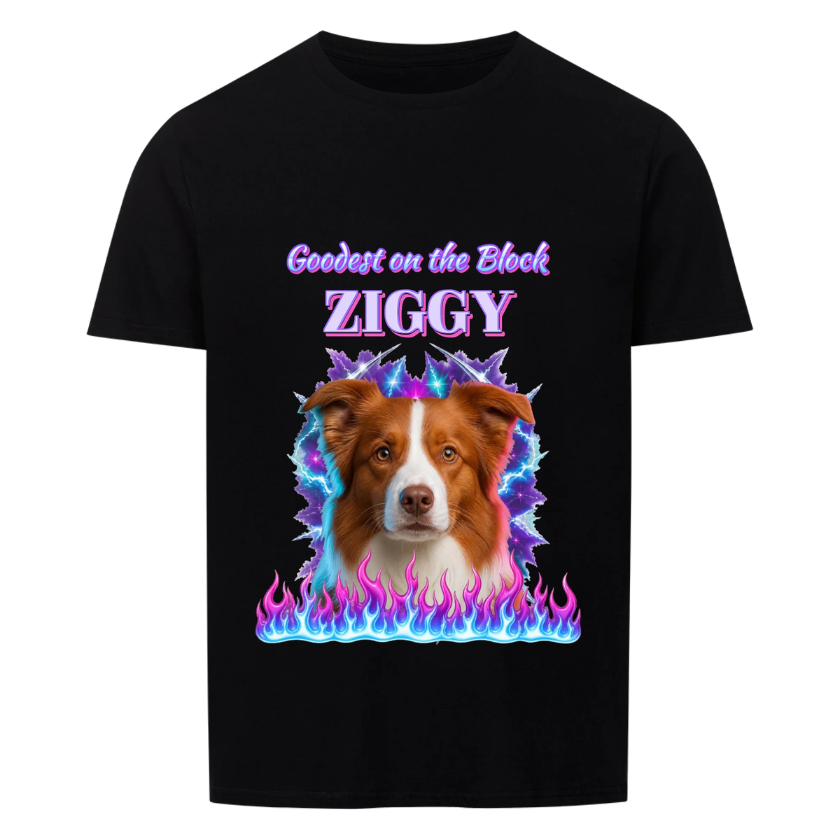 Goodest On The Block custom pet t-shirt or hoodie - your dog as a 90s rap bootleg airbrush portrait with lightning and flames, with name