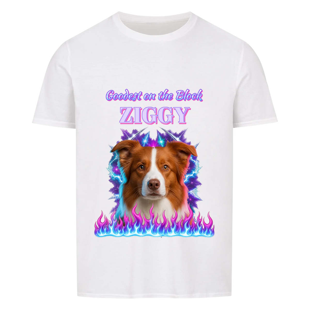 Goodest On The Block custom pet t-shirt or hoodie - your dog as a 90s rap bootleg airbrush portrait with lightning and flames, with name