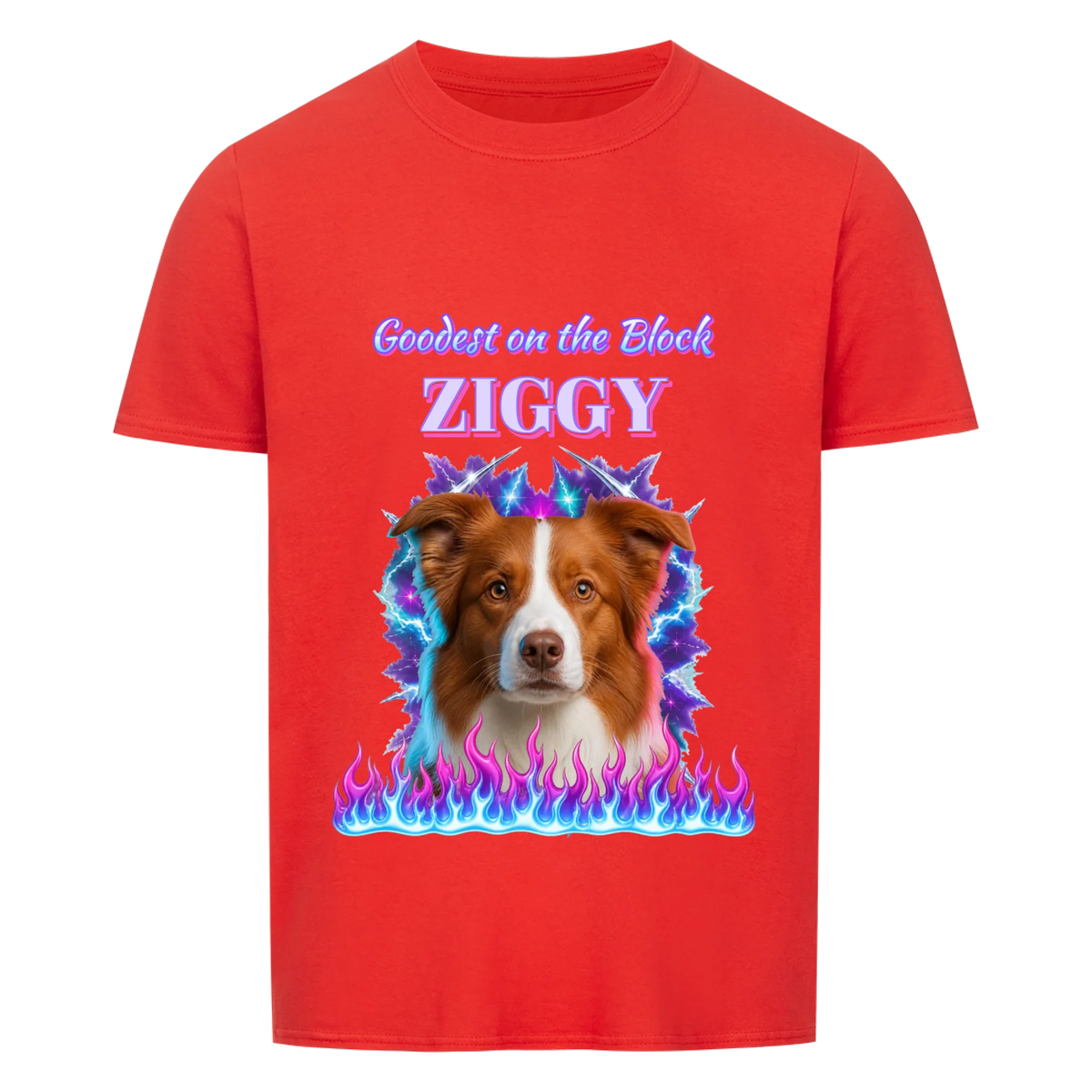 Goodest On The Block custom pet t-shirt or hoodie - your dog as a 90s rap bootleg airbrush portrait with lightning and flames, with name