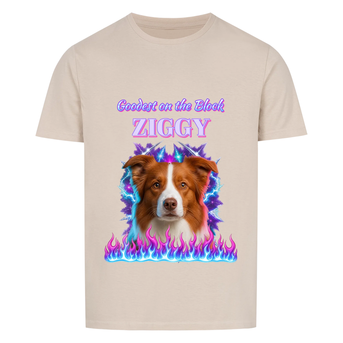 Goodest On The Block custom pet t-shirt or hoodie - your dog as a 90s rap bootleg airbrush portrait with lightning and flames, with name