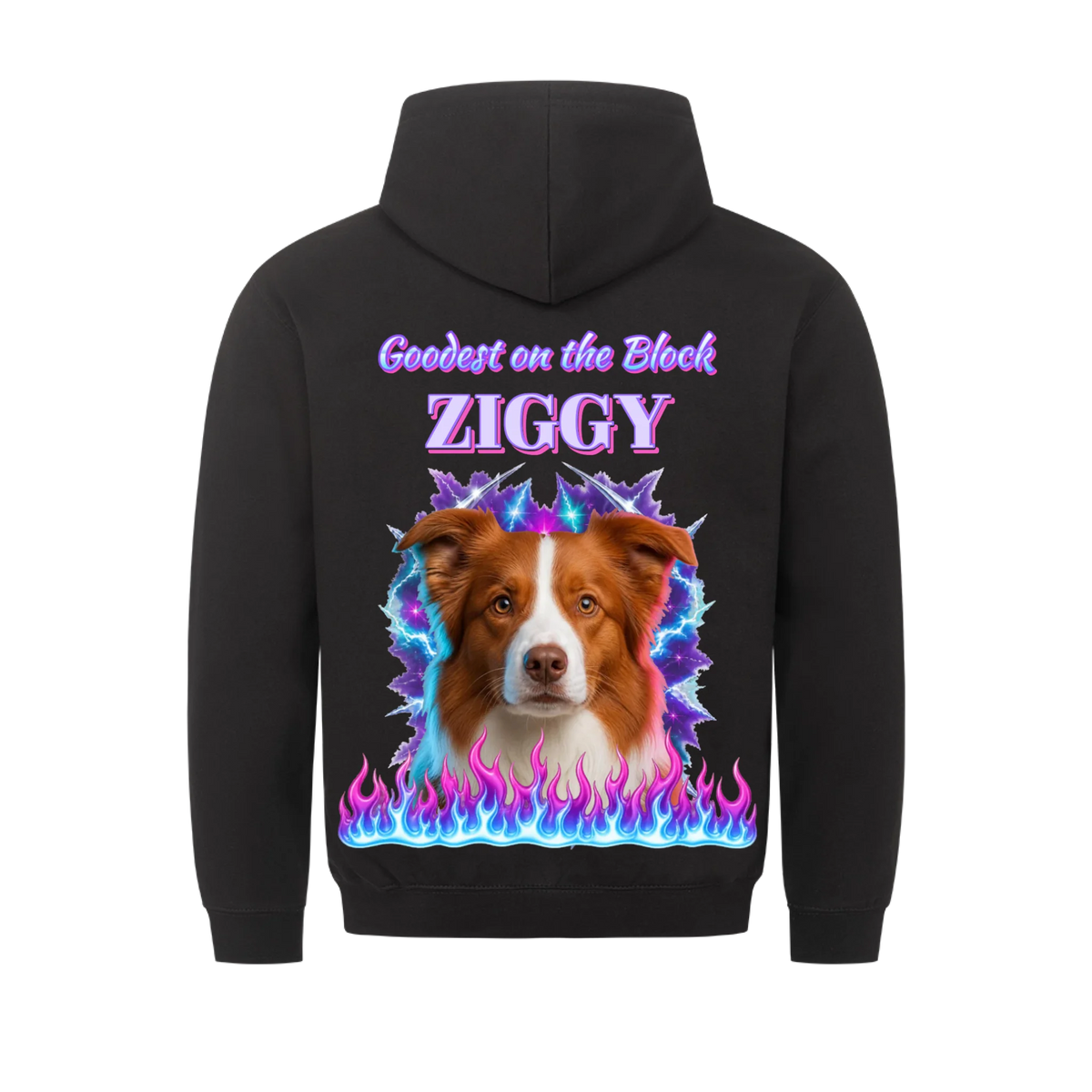 Goodest On The Block custom pet t-shirt or hoodie - your dog as a 90s rap bootleg airbrush portrait with lightning and flames, with name