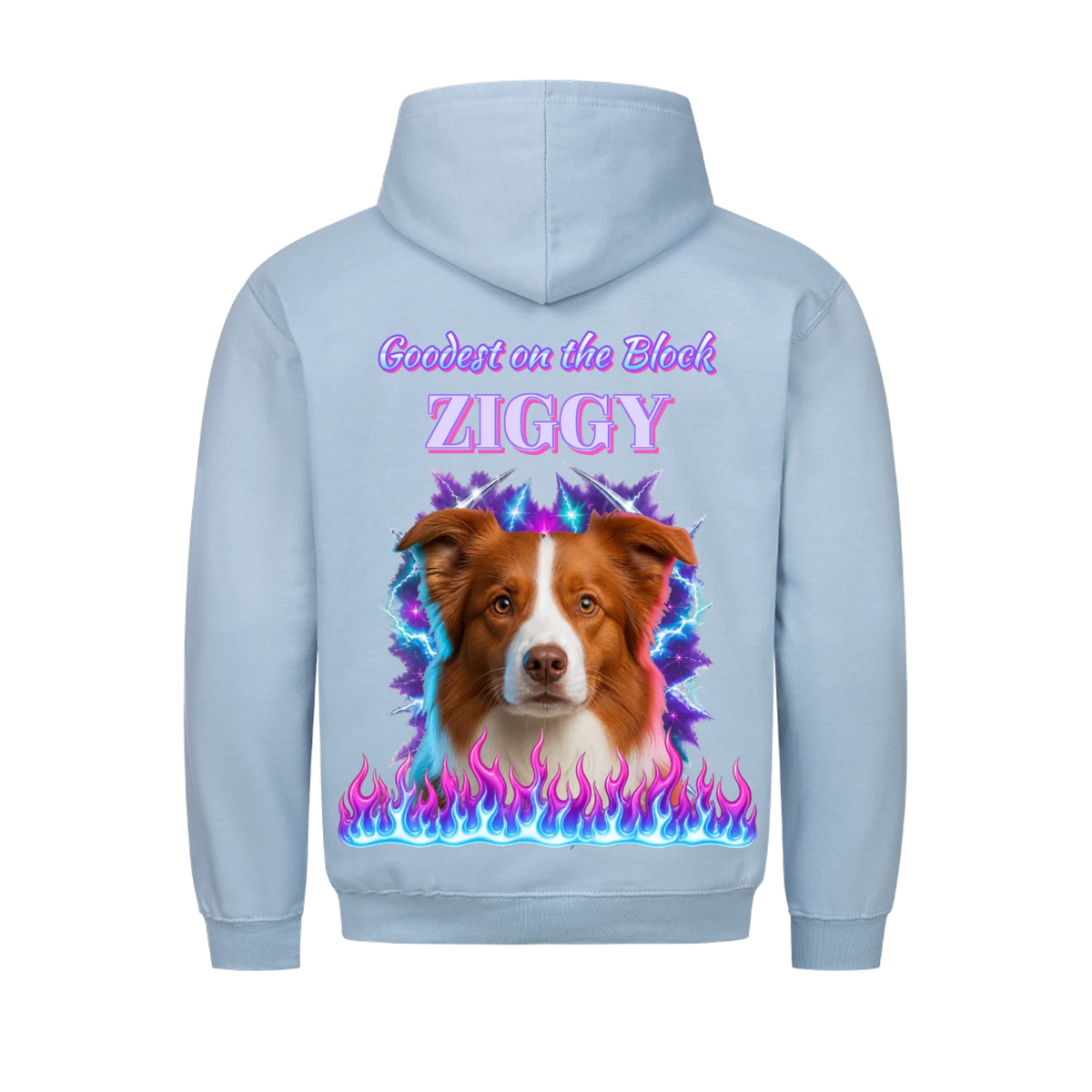 Goodest On The Block custom pet t-shirt or hoodie - your dog as a 90s rap bootleg airbrush portrait with lightning and flames, with name